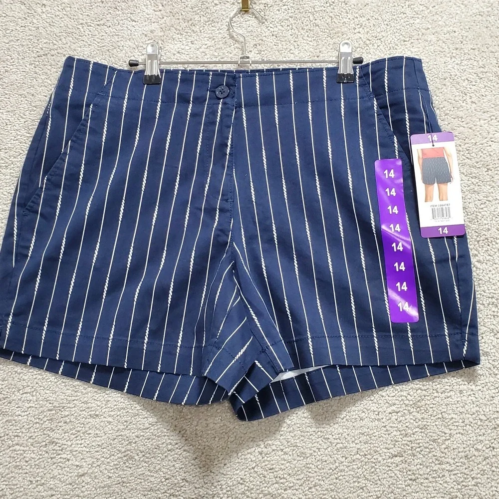 Nautica Shorts Women's 14 Navy Blue Mid Rise Twill Striped Lined Chino‎ Nautical